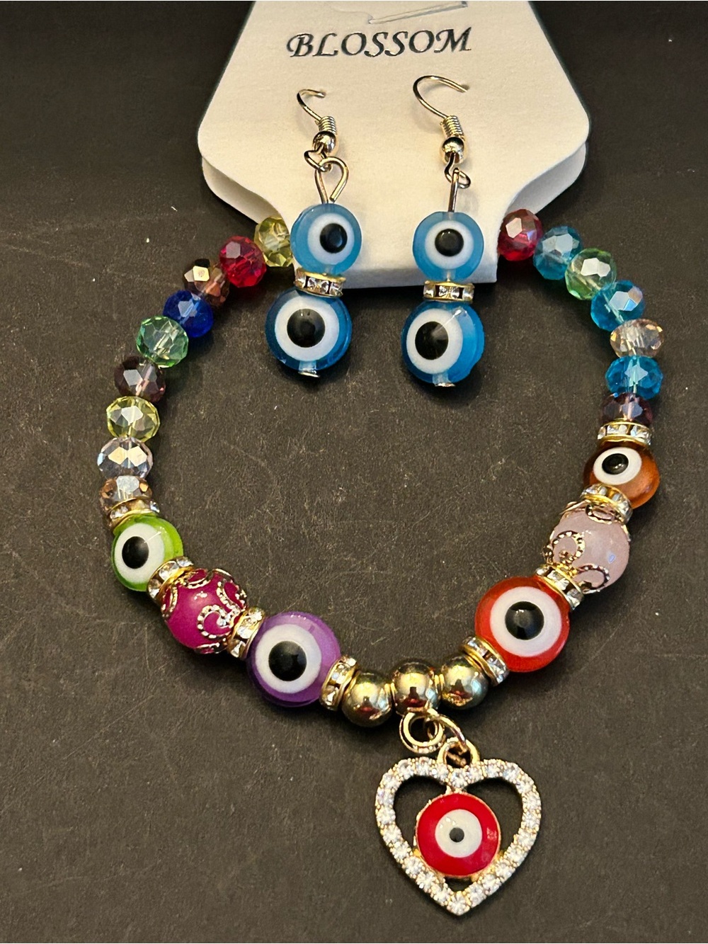 Evil Eye Heart Beaded Charm Bracelet & Earrings Set - Gold-tone - Assorted